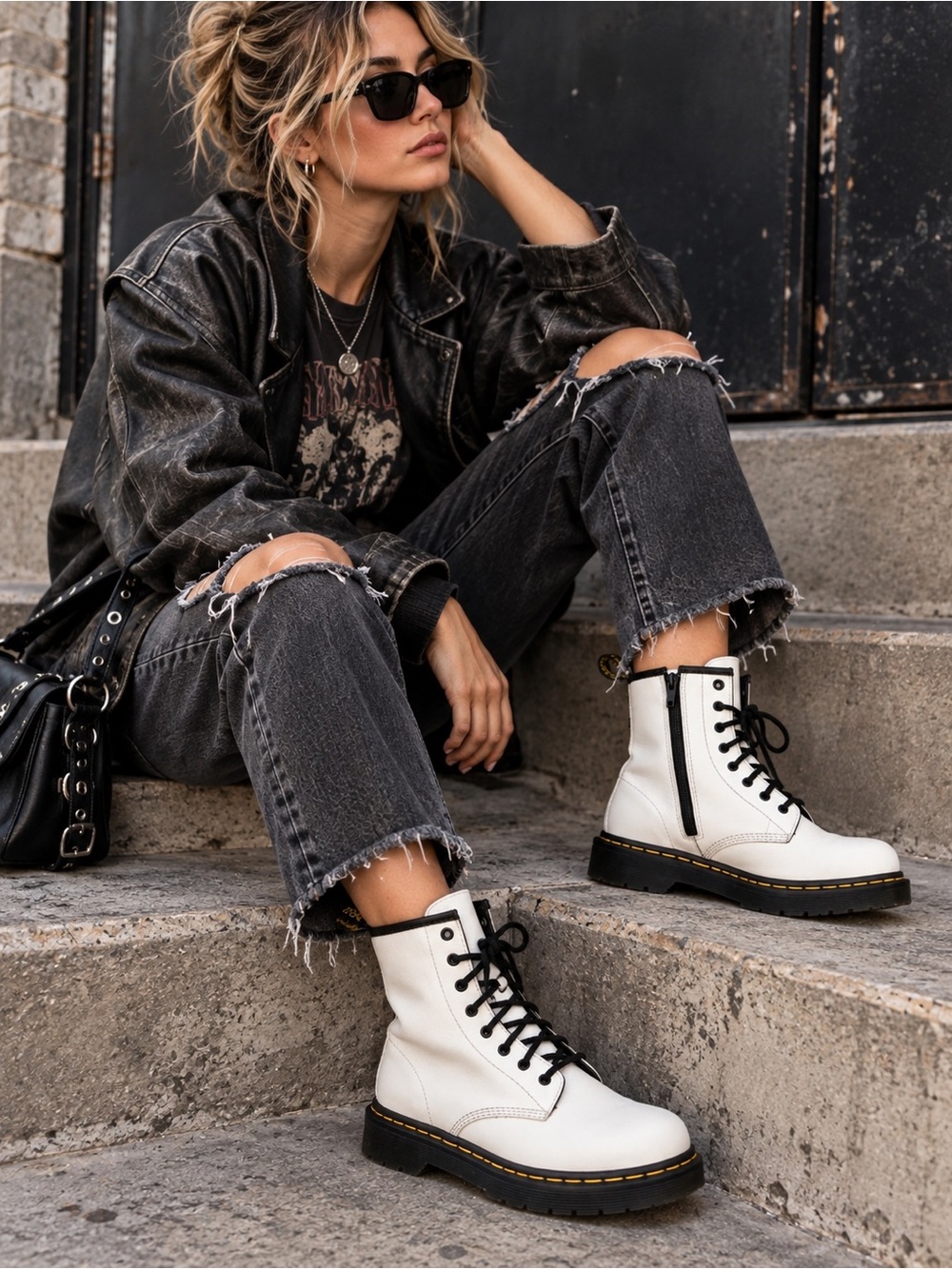 Dr. Martens Zavala White Leather Side Zip Combat Boots Women’s  6